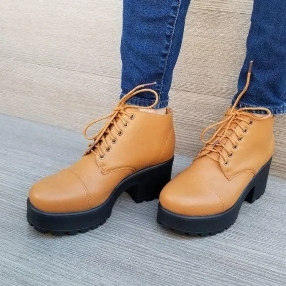 Lace Up Ankle Boots Platform Block Heel Lug Sole Leatherette Brown Chunky 90s - Picture 6 of 10